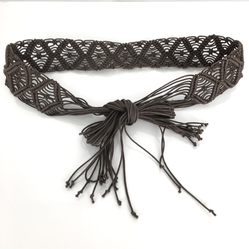 Women’s Boho Macrame Woven Fringe Statement Belt Tie Front Brown Coastal Cowgirl